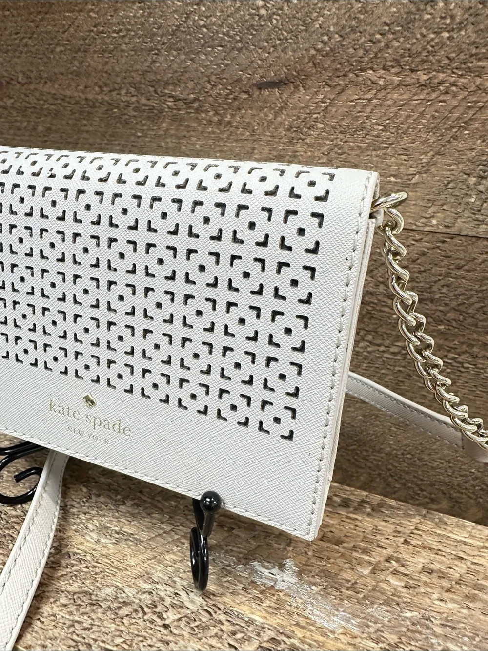 kate spade Ivory Perforated Leather Crossbody with Gold Chain